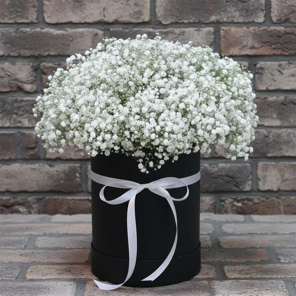 Цветочная композиция из Гипсофила в шляпной коробке в Долгоруково