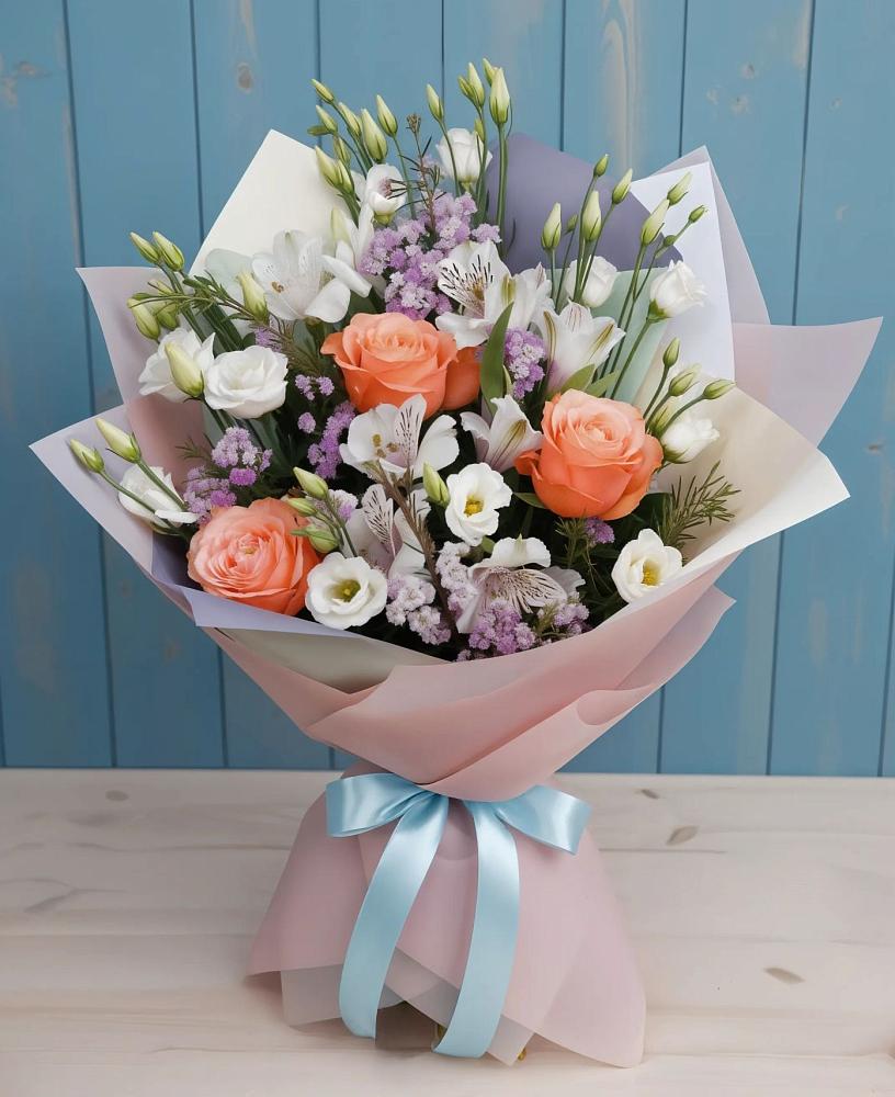 Букет цветов из: Лизиантусы, Розы, Альстромерии и Гипсофила в Долгоруково